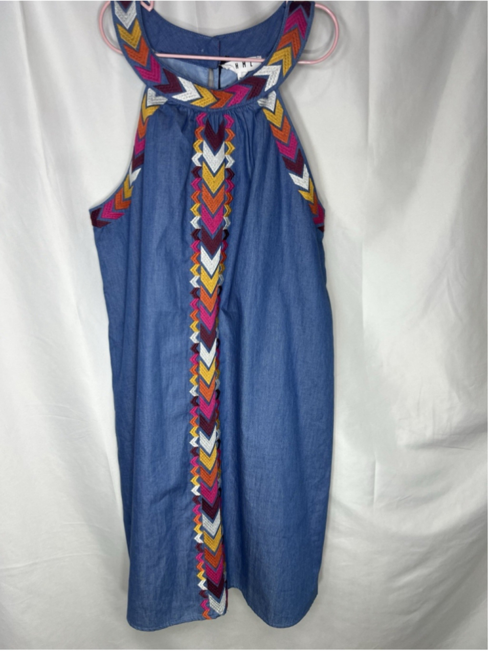 THML Embroidered Blue Cotton Halter Dress M Boho Hippie Aztec Summer Casual